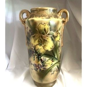 Antique Nippon Vase Heavy Guild Hand Painted Old Stunning Double Handle 10 In